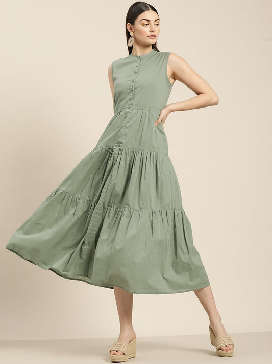 Women's Olive Sleeveless Tiered Dress