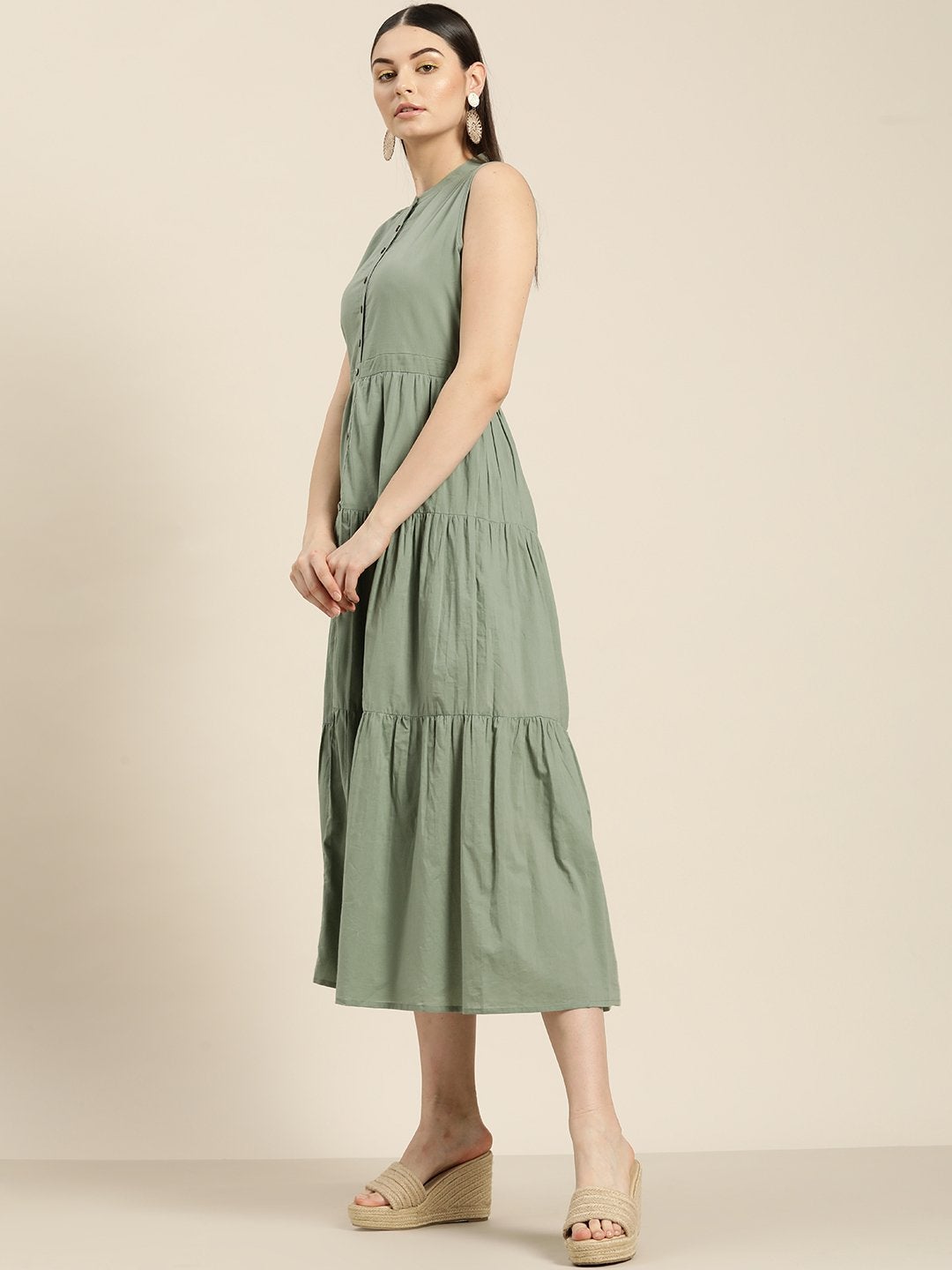 Women's Olive Sleeveless Tiered Dress