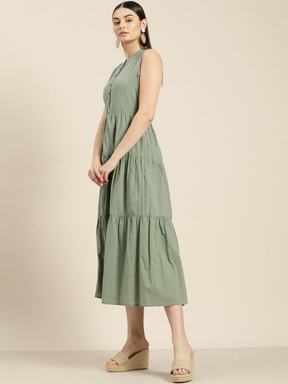 Women's Olive Sleeveless Tiered Dress