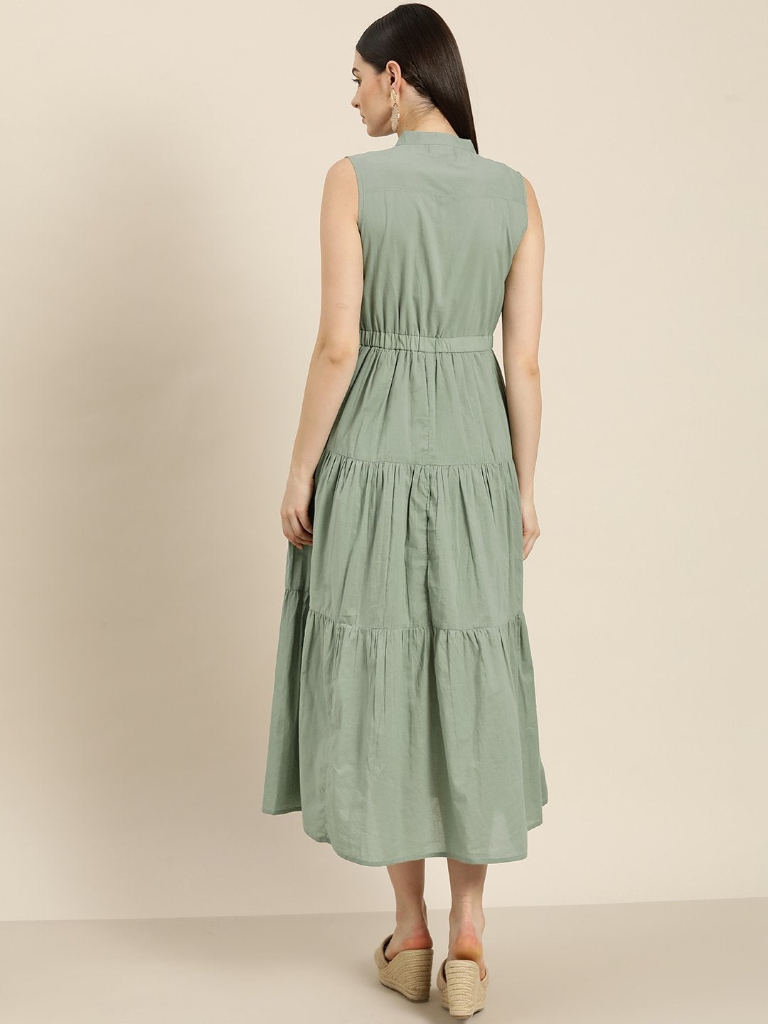 Women's Olive Sleeveless Tiered Dress