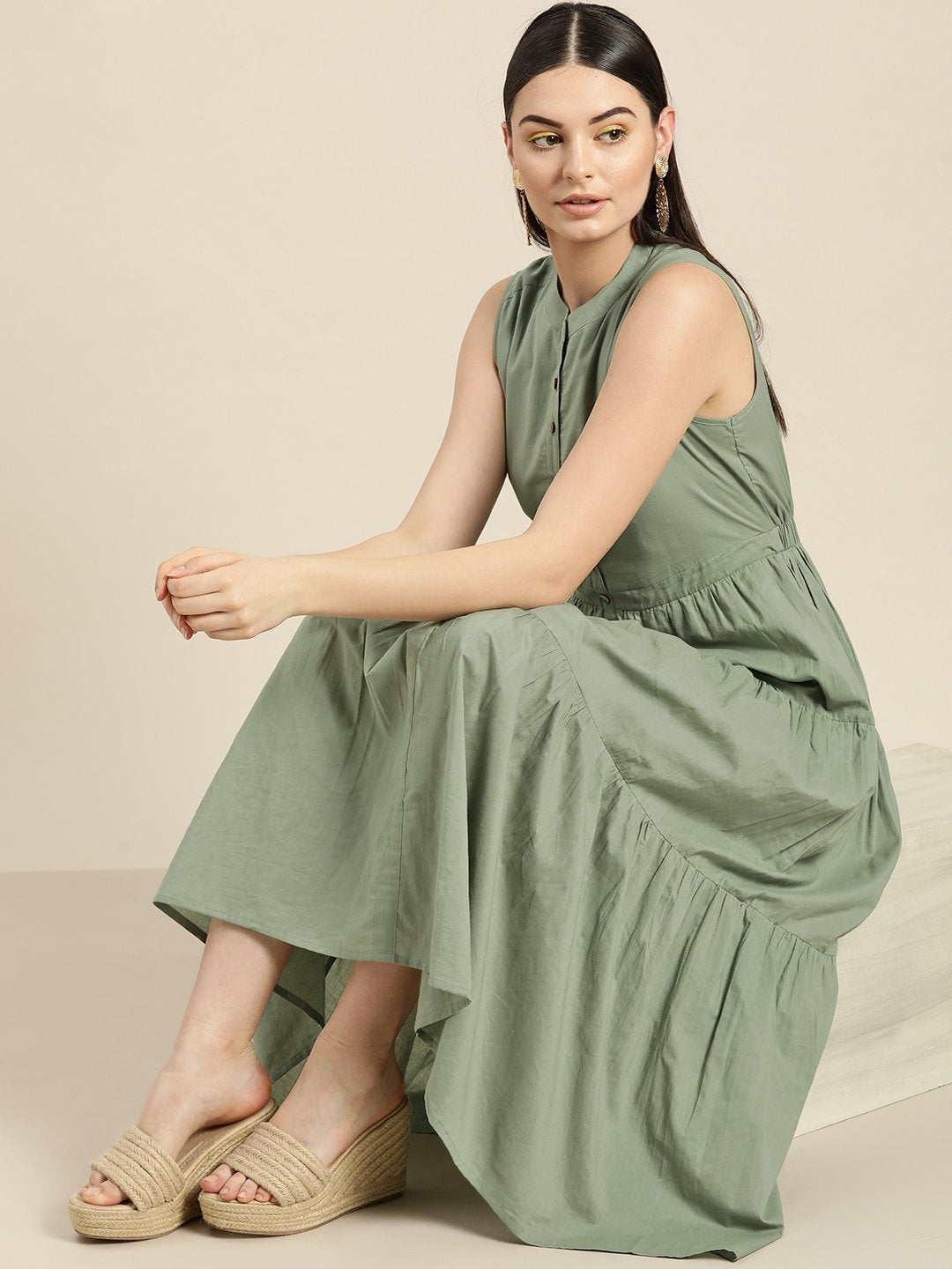 Women's Olive Sleeveless Tiered Dress