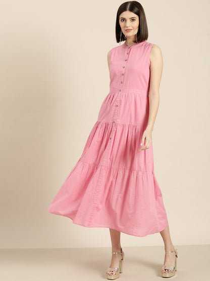 Women's Pink Sleeveless Tiered Dress