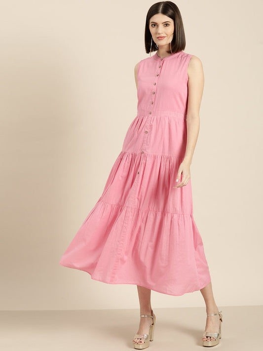 Women's Pink Sleeveless Tiered Dress