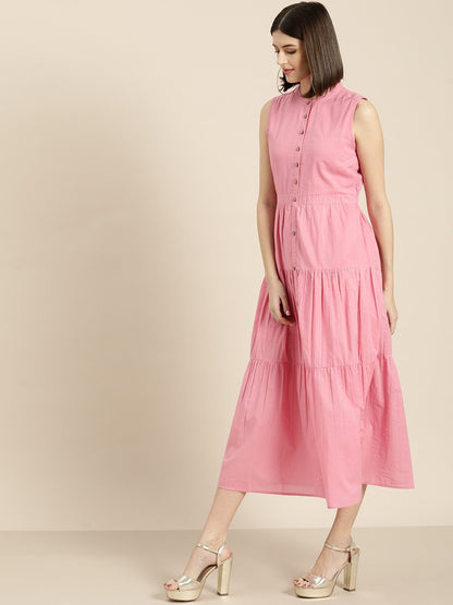 Women's Pink Sleeveless Tiered Dress