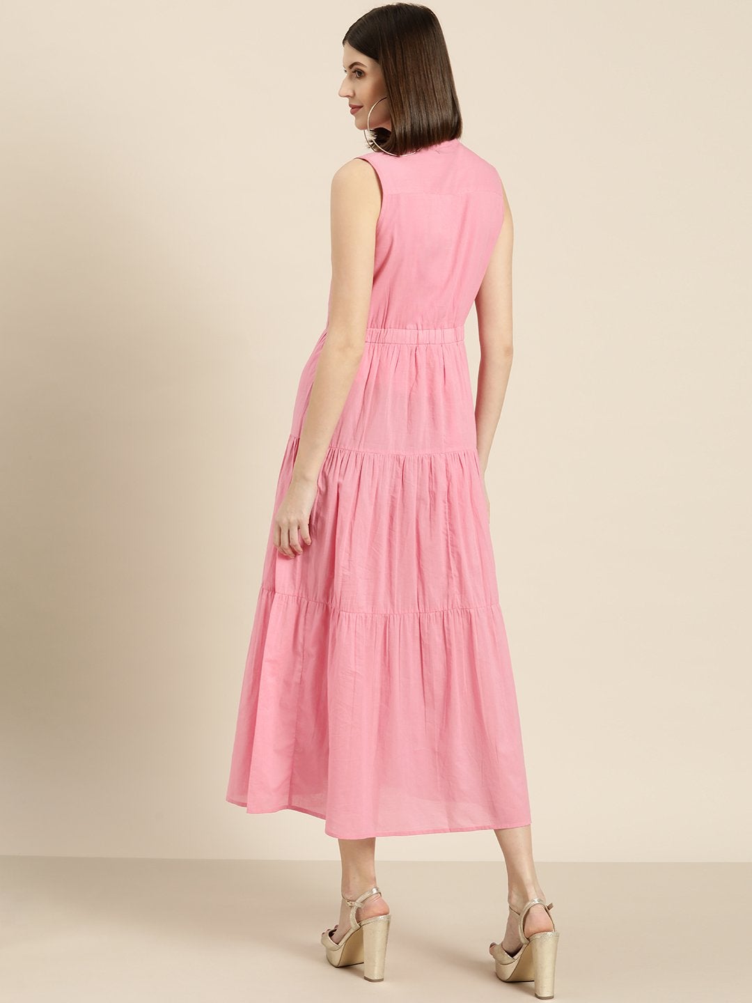 Women's Pink Sleeveless Tiered Dress