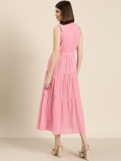 Women's Pink Sleeveless Tiered Dress