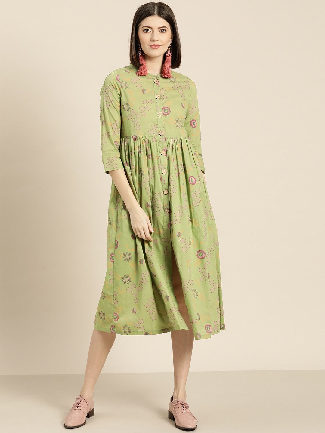 Women's Green Printed Front Button Gathered Dress
