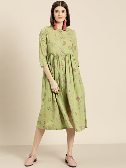 Women's Green Printed Front Button Gathered Dress