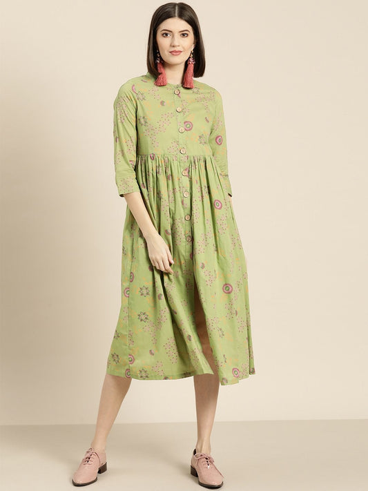Women's Green Printed Front Button Gathered Dress