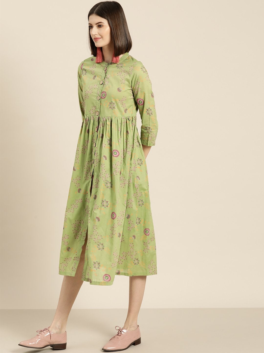 Women's Green Printed Front Button Gathered Dress
