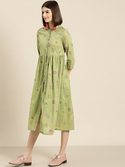 Women's Green Printed Front Button Gathered Dress
