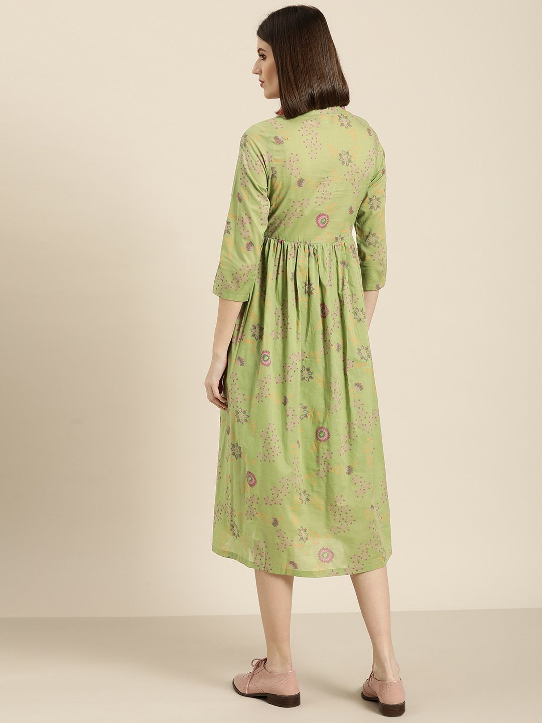 Women's Green Printed Front Button Gathered Dress