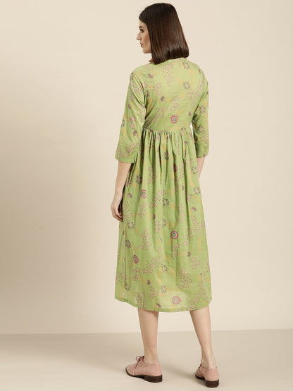 Women's Green Printed Front Button Gathered Dress