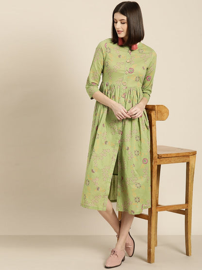 Women's Green Printed Front Button Gathered Dress