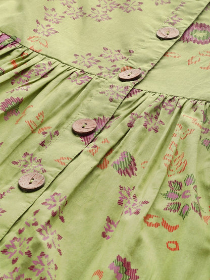 Women's Green Printed Front Button Gathered Dress