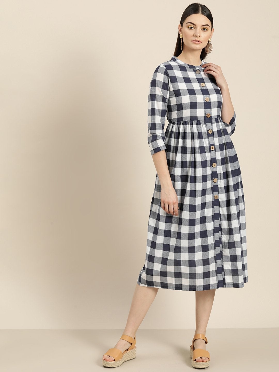 Women's Navy Check Front Button Gathered Dress