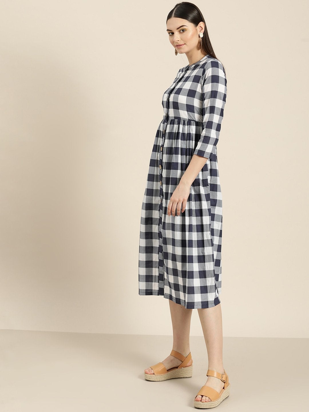 Women's Navy Check Front Button Gathered Dress