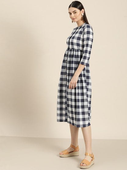 Women's Navy Check Front Button Gathered Dress