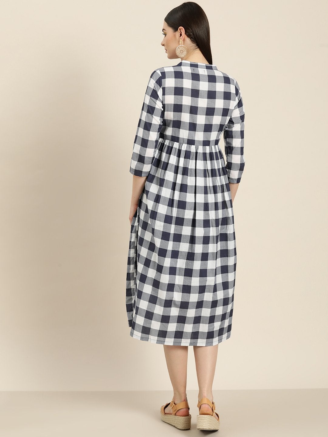 Women's Navy Check Front Button Gathered Dress