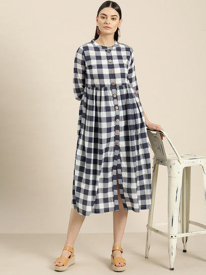 Women's Navy Check Front Button Gathered Dress