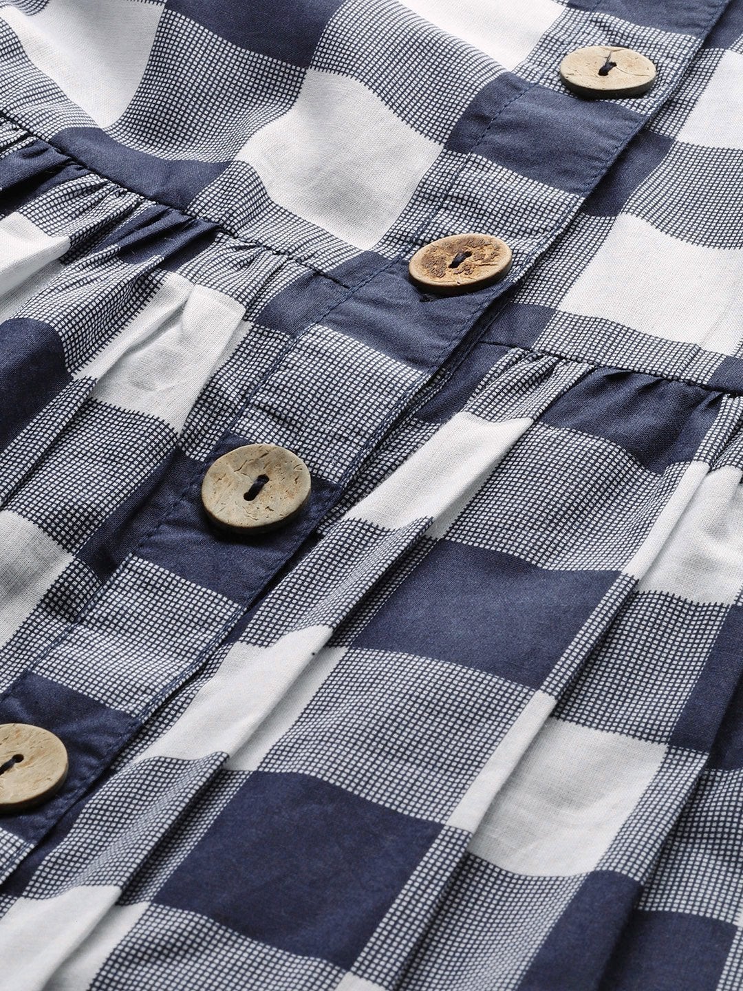 Women's Navy Check Front Button Gathered Dress