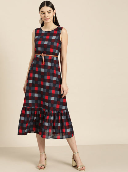Women's Blue Check Sleeveless Belted Dress