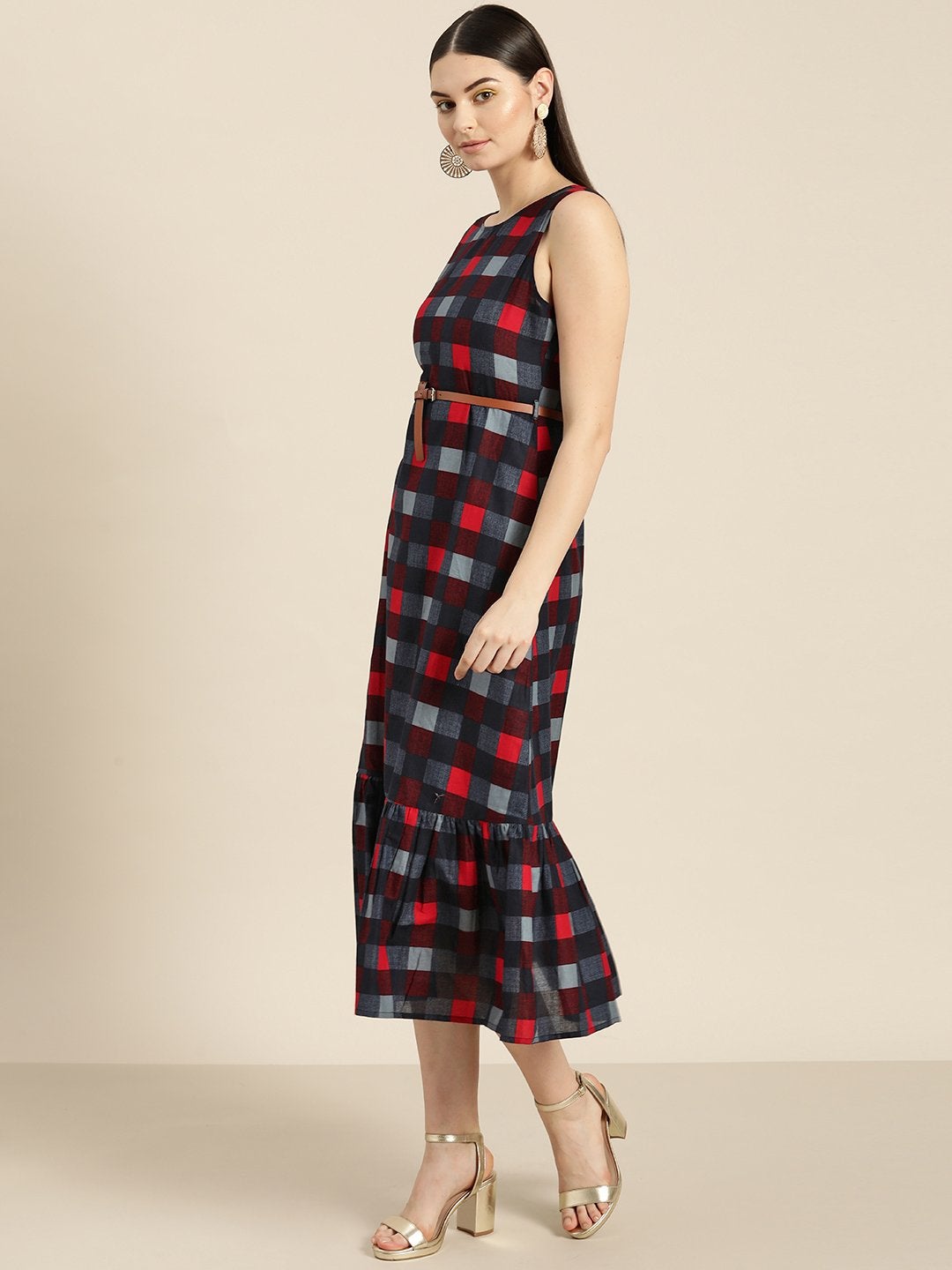 Women's Blue Check Sleeveless Belted Dress