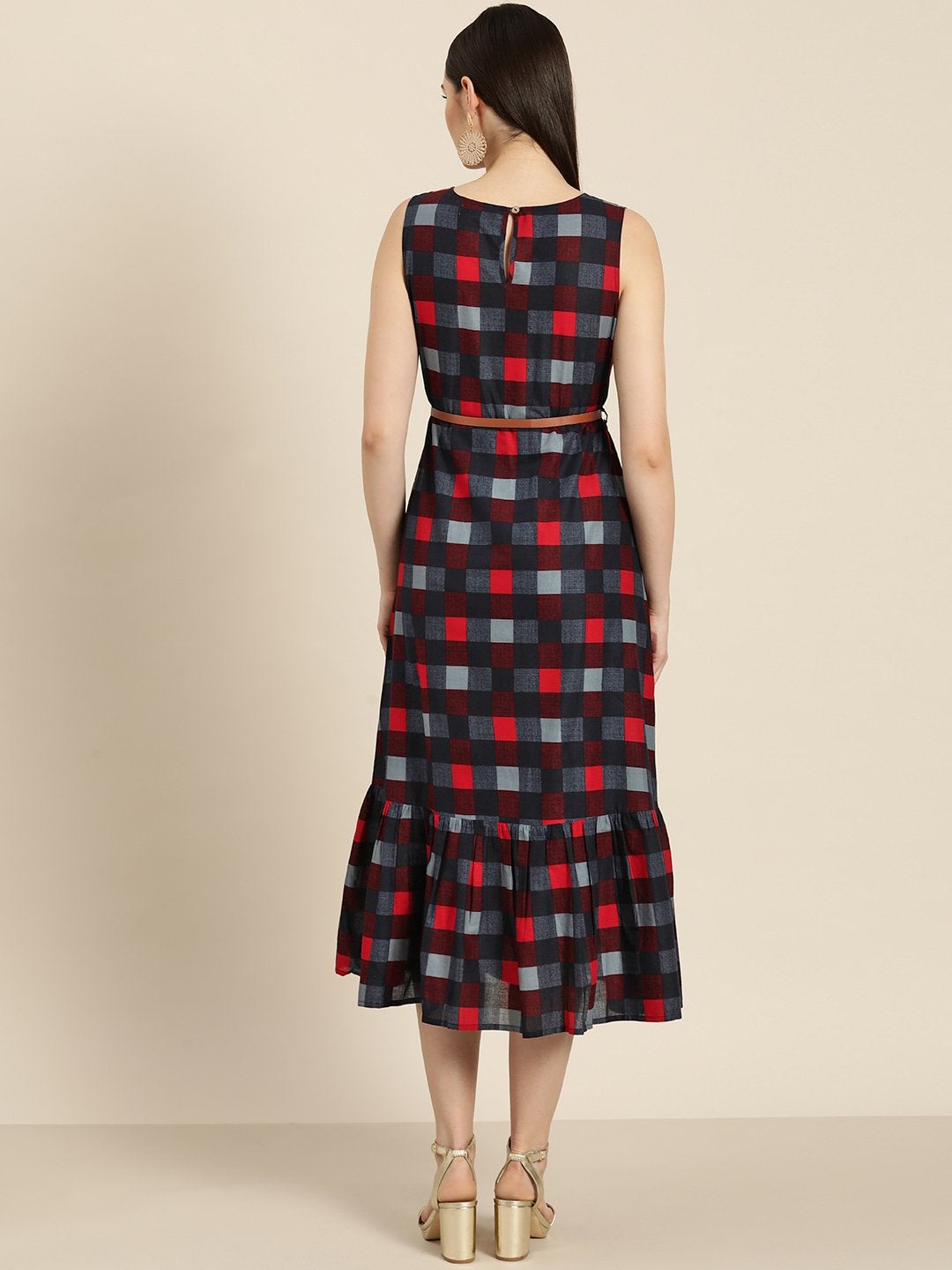 Women's Blue Check Sleeveless Belted Dress