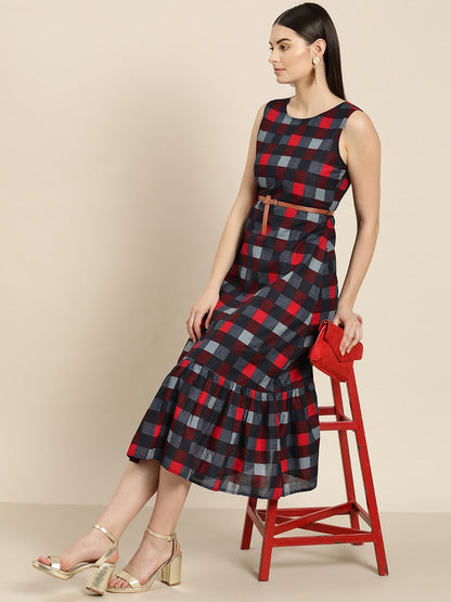 Women's Blue Check Sleeveless Belted Dress