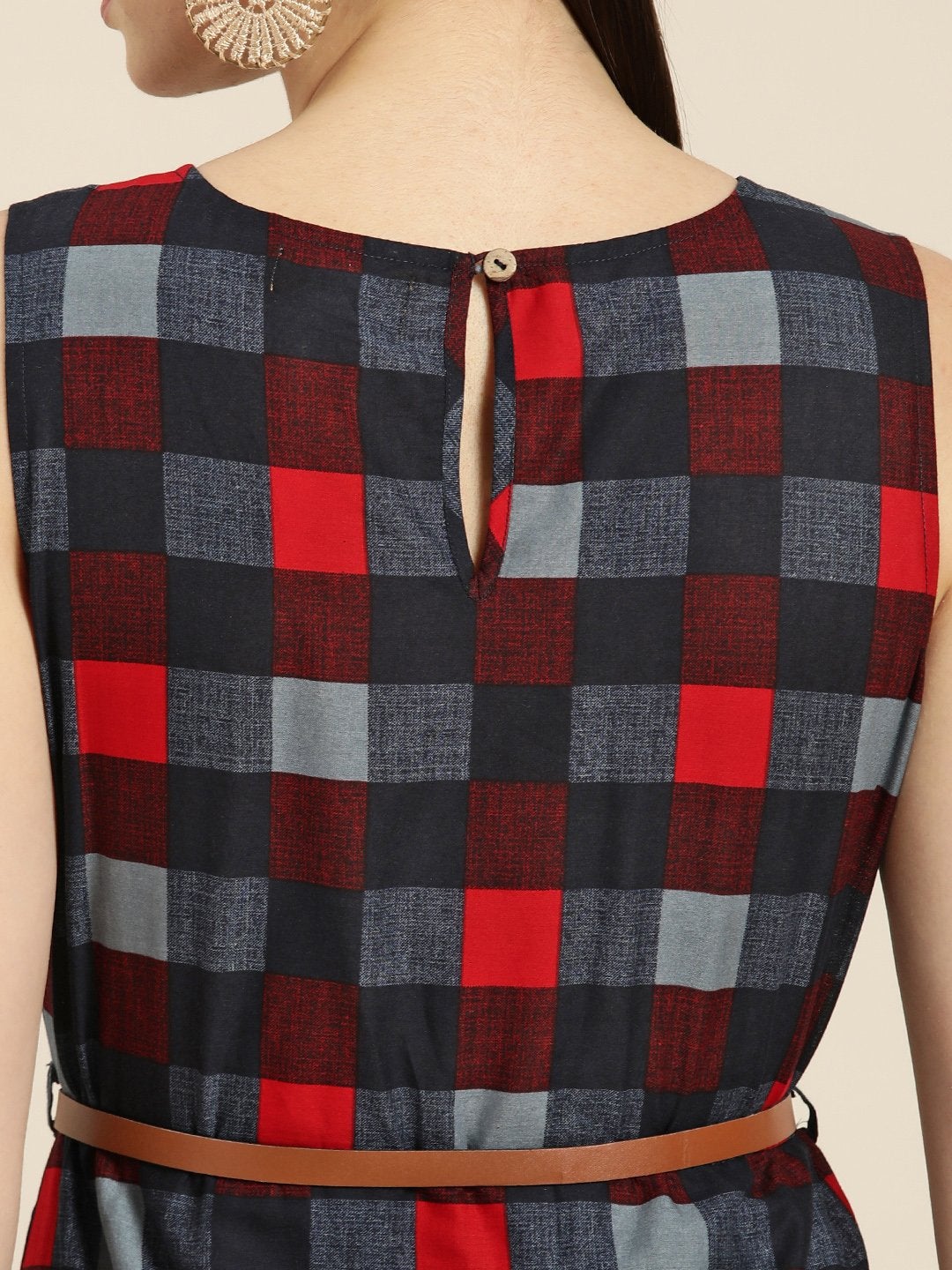 Women's Blue Check Sleeveless Belted Dress