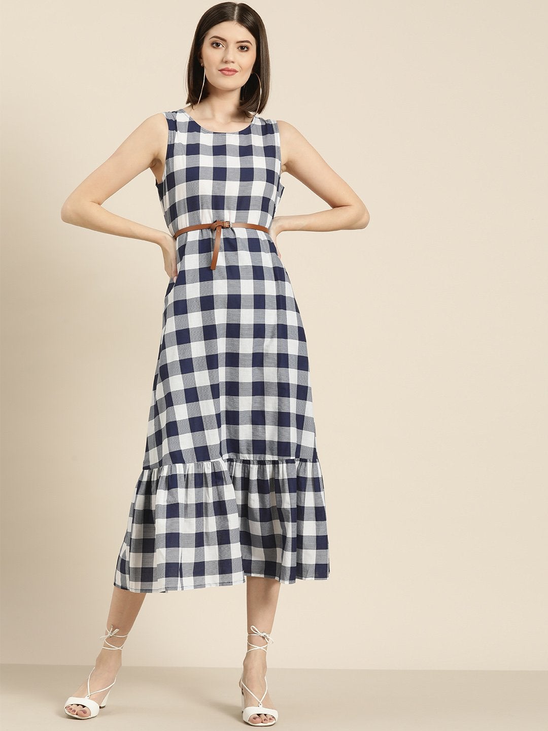 Women's Navy Check Sleeveless Belted Dress