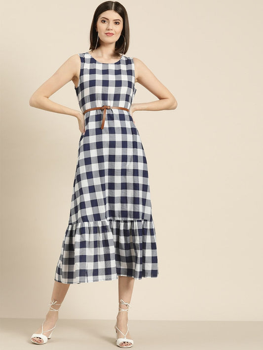 Women's Navy Check Sleeveless Belted Dress