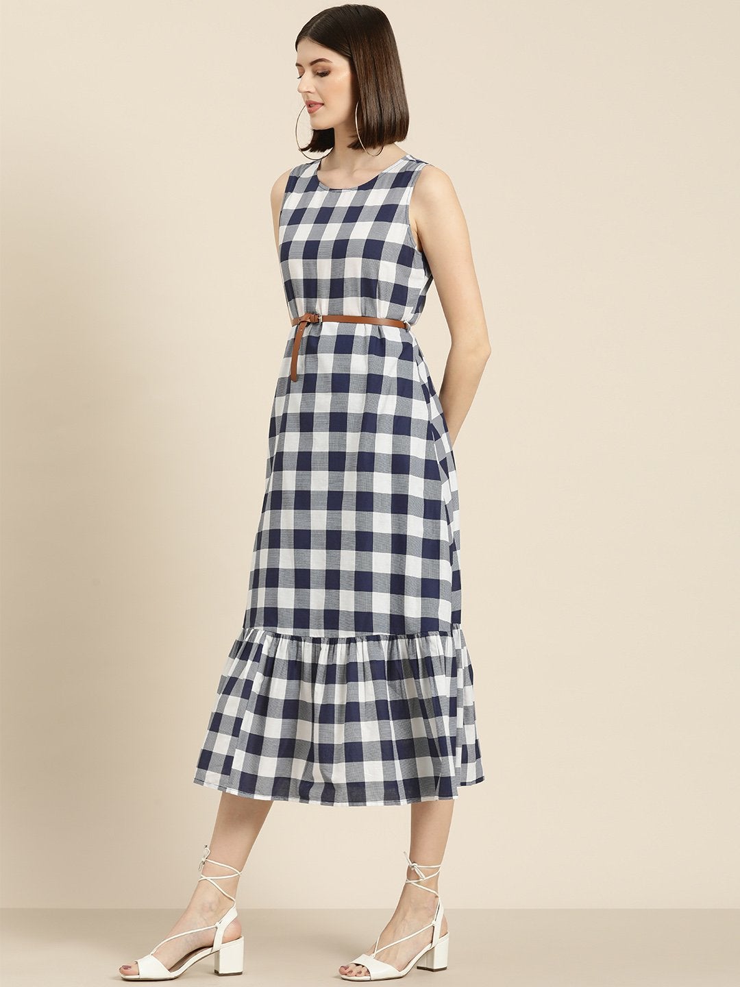 Women's Navy Check Sleeveless Belted Dress