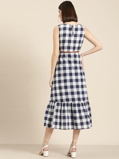 Women's Navy Check Sleeveless Belted Dress