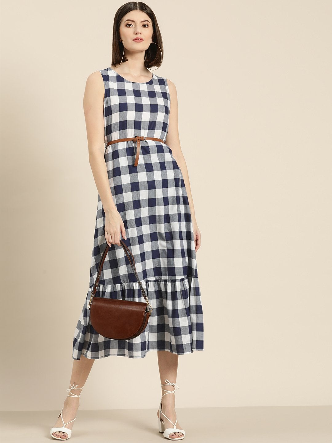Women's Navy Check Sleeveless Belted Dress