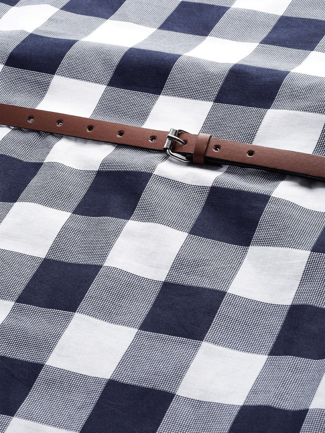Women's Navy Check Sleeveless Belted Dress