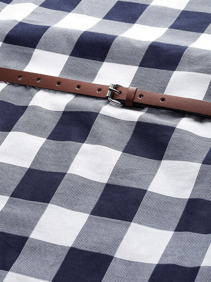 Women's Navy Check Sleeveless Belted Dress