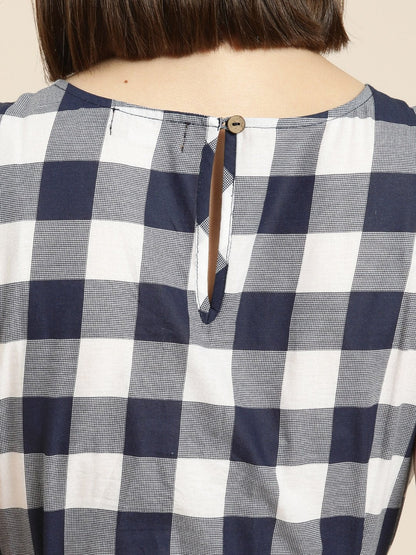 Women's Navy Check Sleeveless Belted Dress
