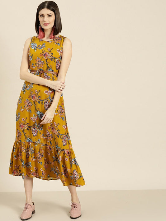 Women's Mustard Floral Sleeveless Belted Dress