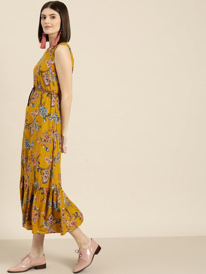 Women's Mustard Floral Sleeveless Belted Dress