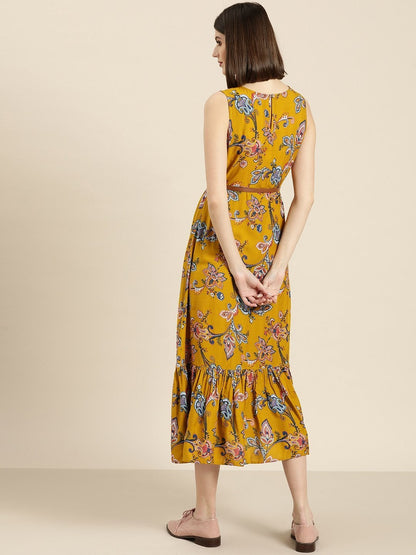 Women's Mustard Floral Sleeveless Belted Dress