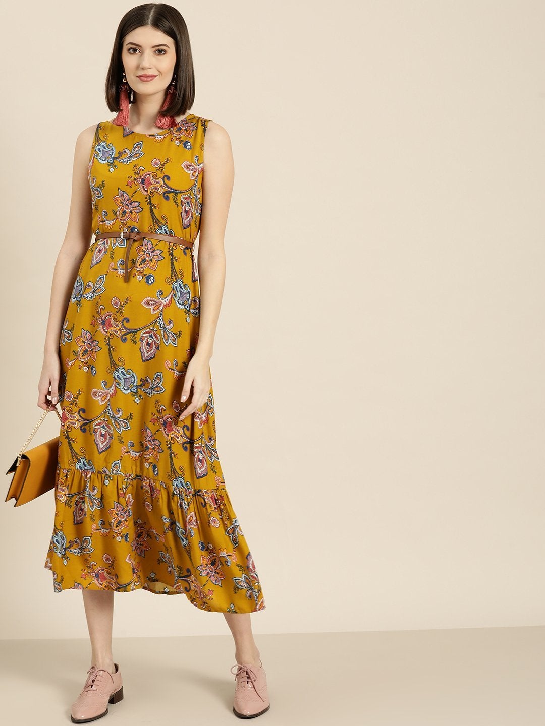 Women's Mustard Floral Sleeveless Belted Dress
