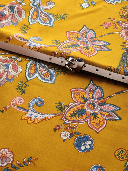 Women's Mustard Floral Sleeveless Belted Dress