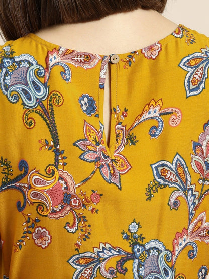 Women's Mustard Floral Sleeveless Belted Dress