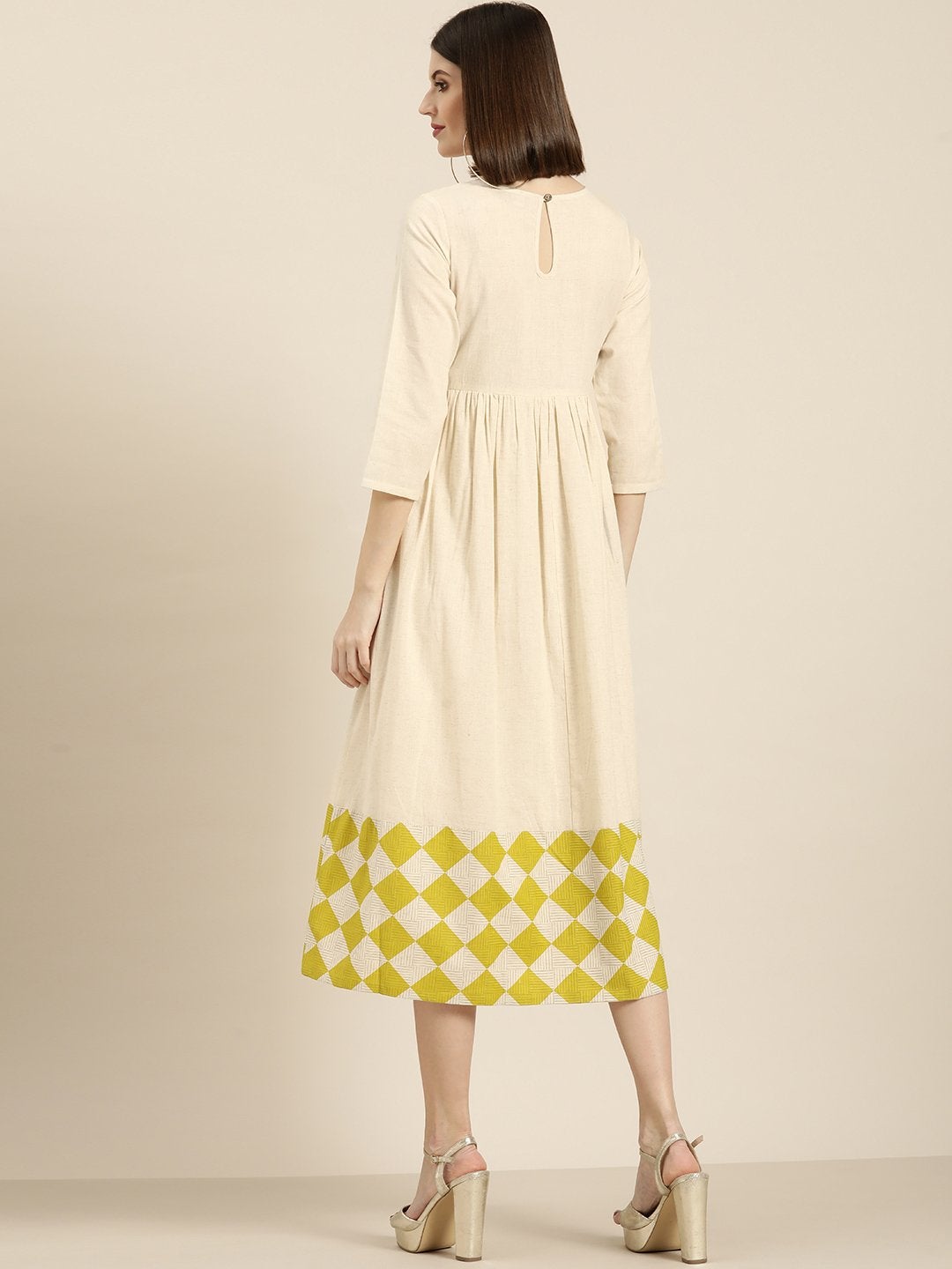 Women's Green Geo Print Gathered Midi Dress
