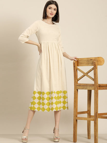 Women's Green Geo Print Gathered Midi Dress