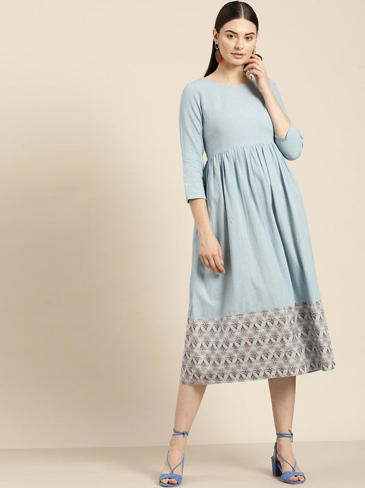 Women's Blue Floral Print Gathered Midi Dress