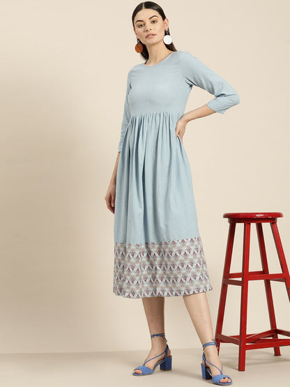 Women's Blue Floral Print Gathered Midi Dress