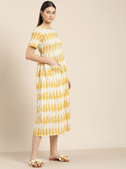 Women's Yellow Ikat Patch Pocket Midi Dress