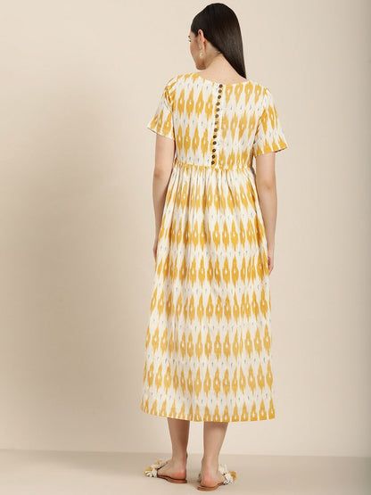 Women's Yellow Ikat Patch Pocket Midi Dress
